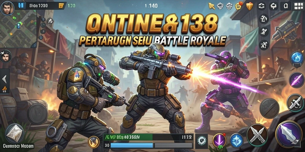 Gambar menampilkan aksi intens gameplay Battle Royale dalam ONLINE138.