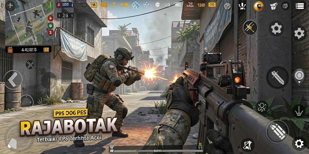 Screenshot utama RAJABOTAK menampilkan aksi seru dalam pertempuran FPS.