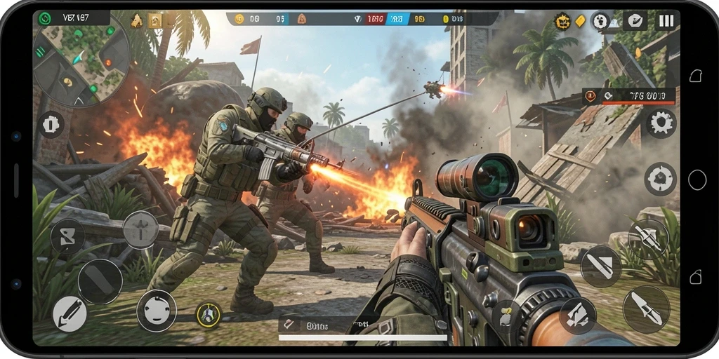 Screenshot V87 menampilkan aksi pertempuran dalam game TPS yang mendebarkan.