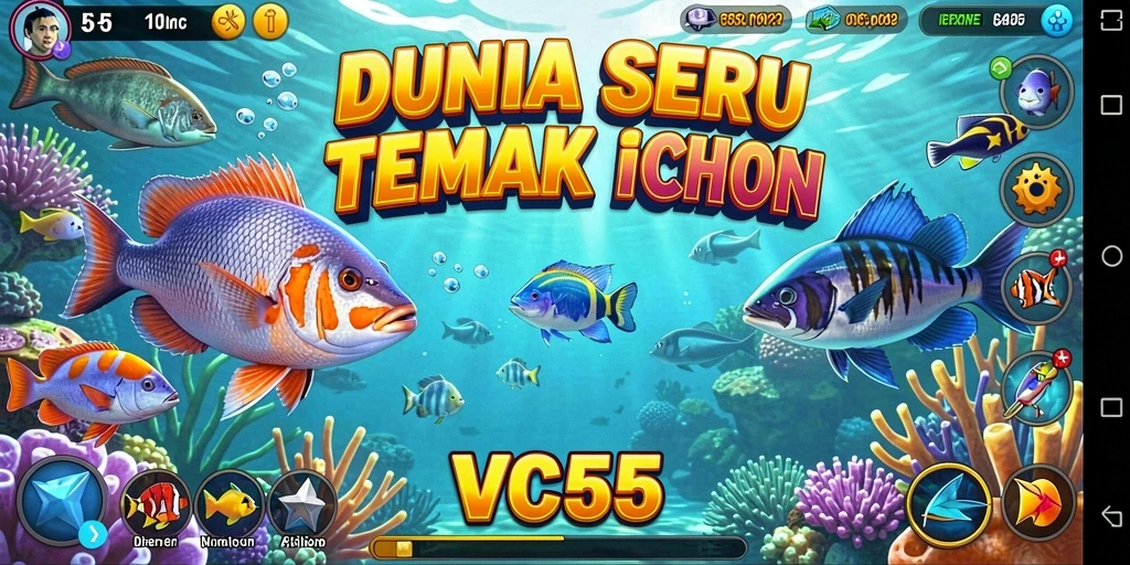 Screenshot gameplay seru VC55, menampilkan aksi tembak ikan yang menggembirakan.